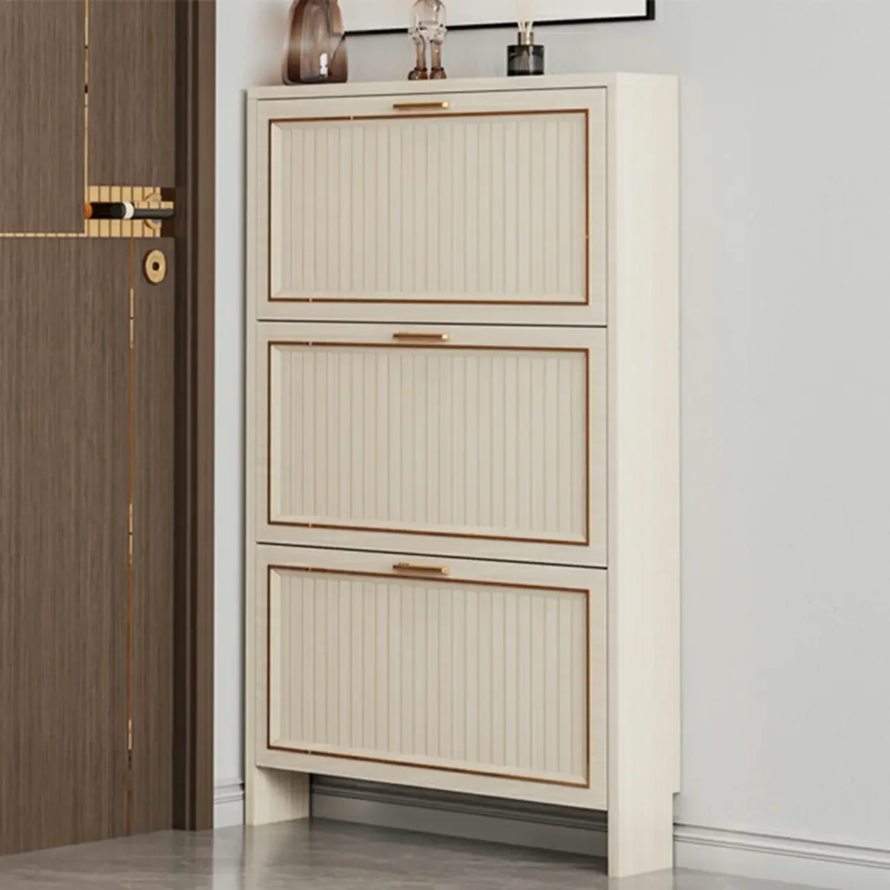 Metal White Drop Front Shoe Cabinet with Textured Panels
