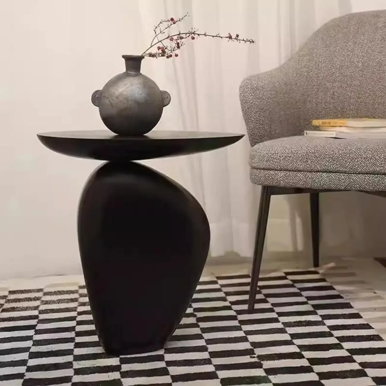 Modern Black End Side Table with Steel Base
