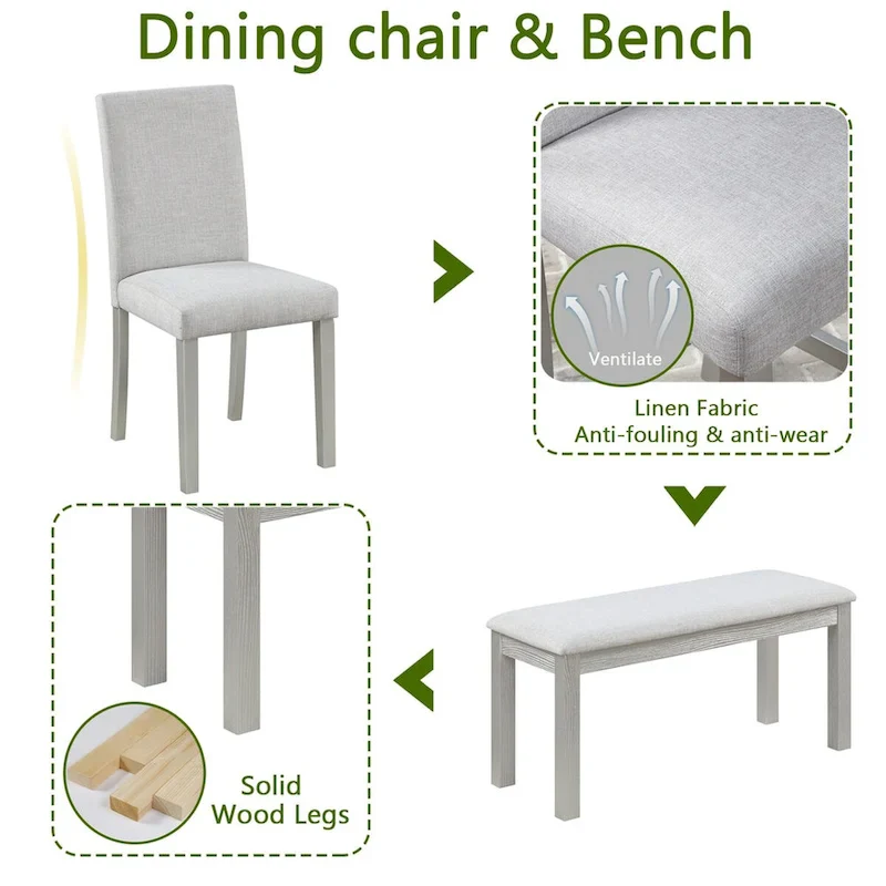 Wooden Dining Rectangular Table with Bench and 4 Chairs