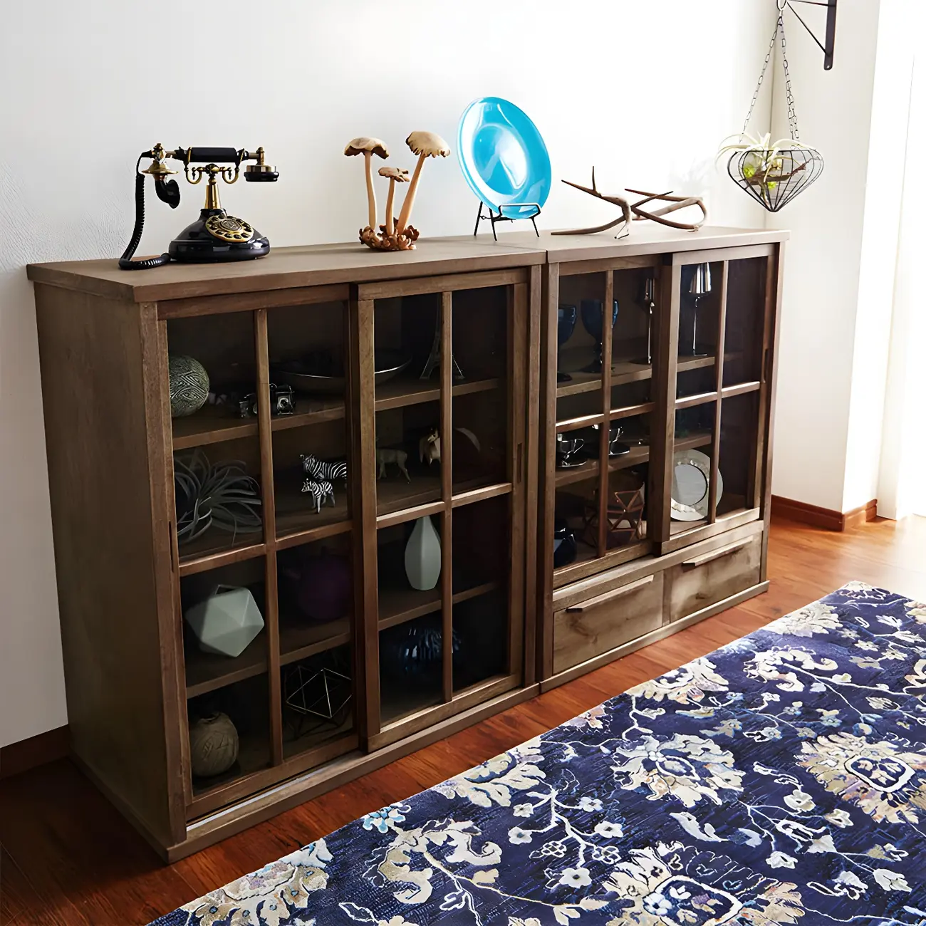 Adjustable Shelves Brown Wood China Cabinet with Glass Doors