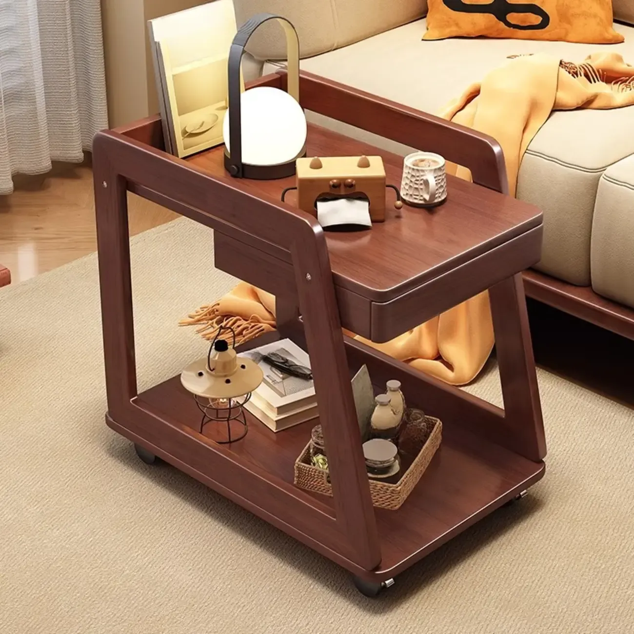 2-Tier Mobile Wooden Sofa Side Table with Storage Shelf
