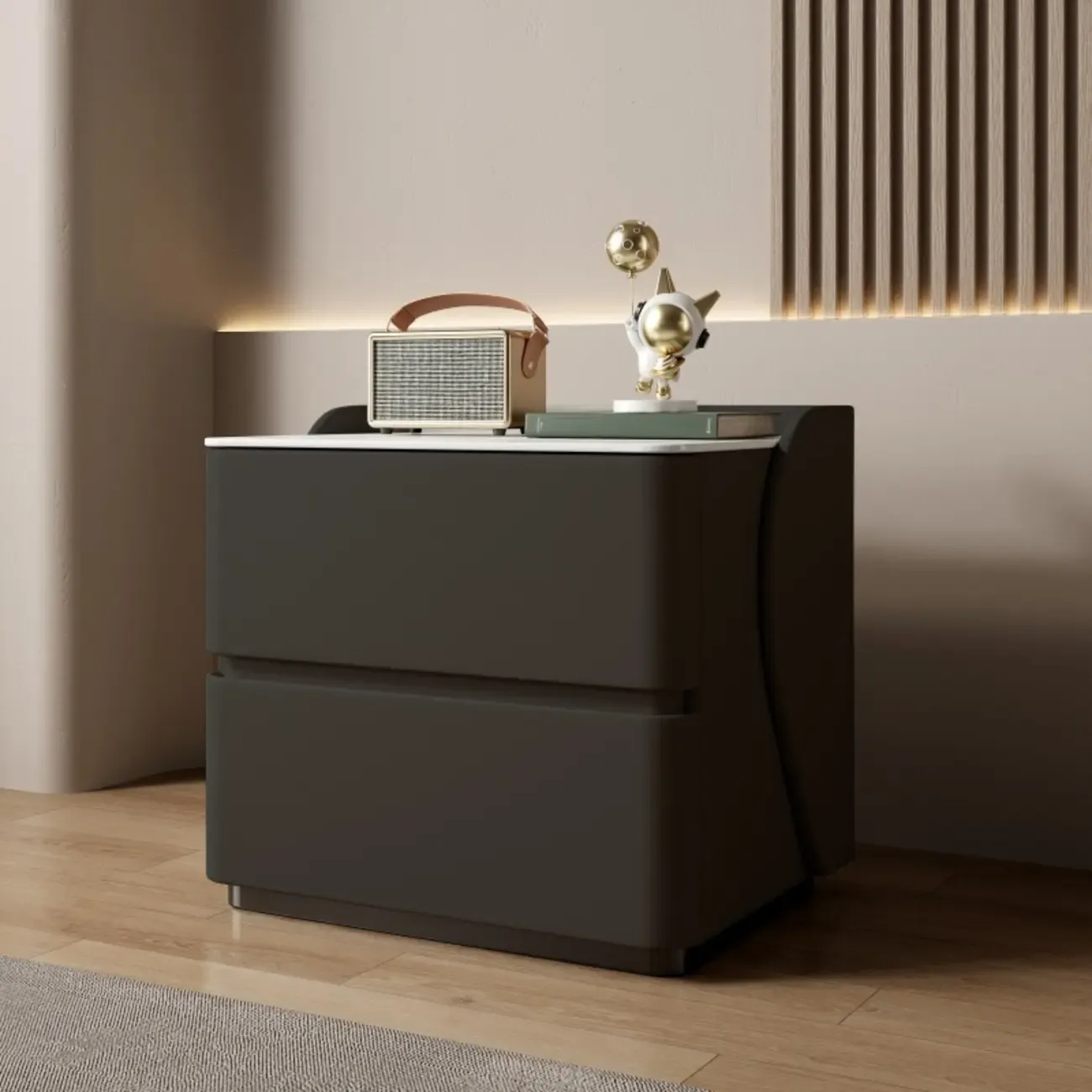 Modern Stone Top Leather Pine 2-Drawer Nightstand