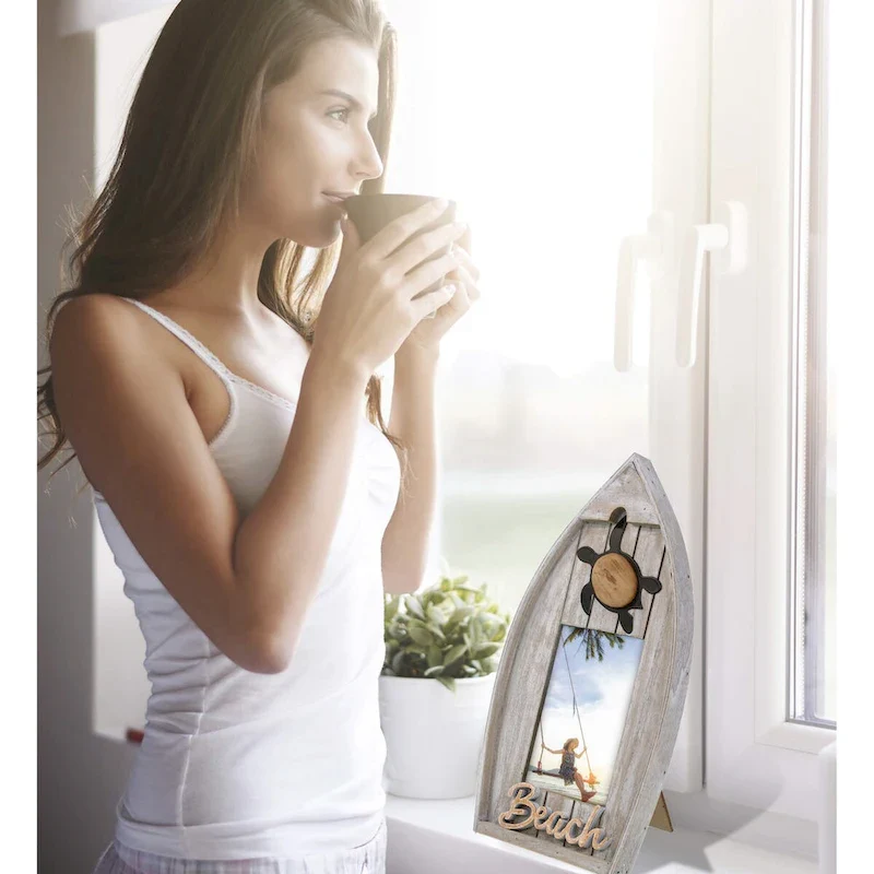 CoTa Global Grey Distressed Wood Coastal Sea Turtle Boat 3.5X5 Frame - 11 inches