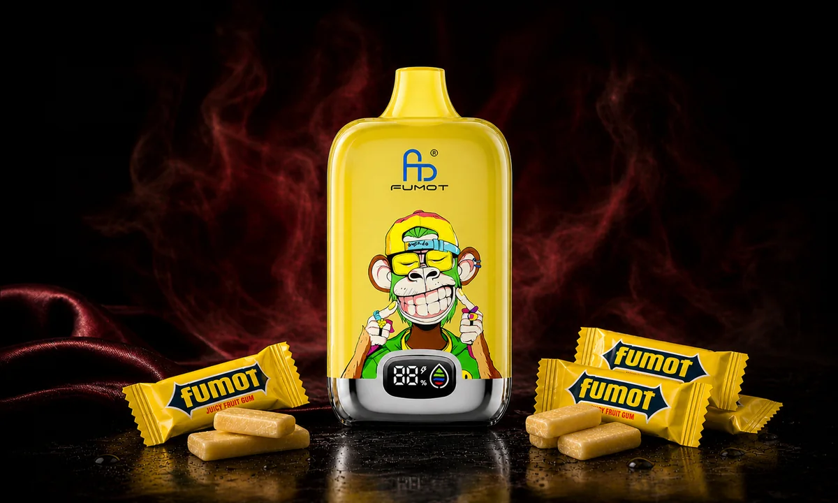 Fumot Digital Box 12000 Juicy Fruit Gum Vape in einer dunklen Rauchszene