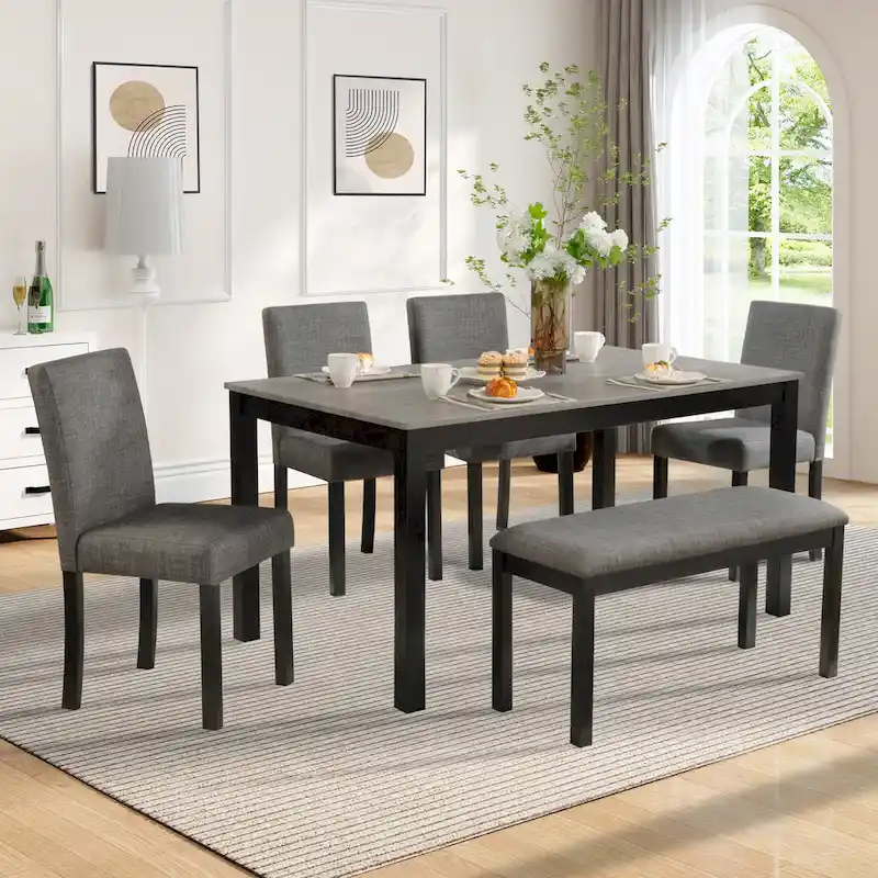 6 Piece Dining Table Set, Wooden Dining Table Set with Rectangular Dining Table, Bench and 4 Upholstered Chairs