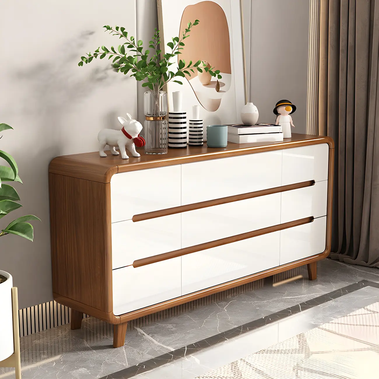 Traditional White-Brown Wooden Double Dresser Arched Edge