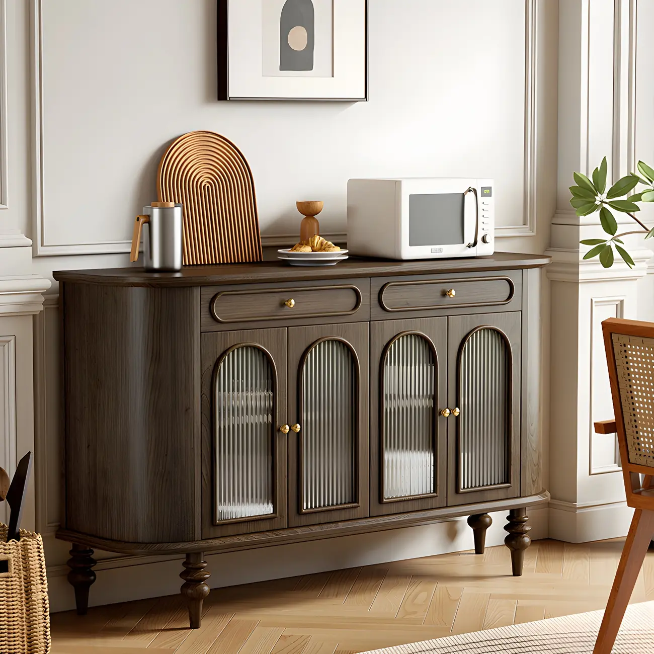 French Country Wooden Buffet Table with Cabinets