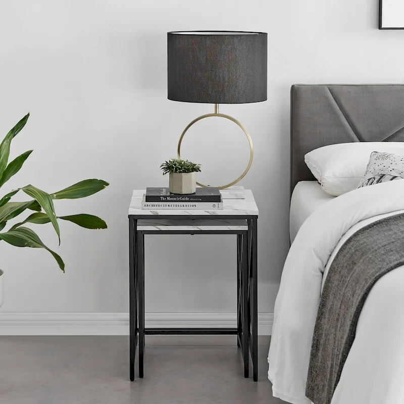 Modern Square Marble Finish Veneer Top Black Metal Frame Nesting End Tables - Set of 2