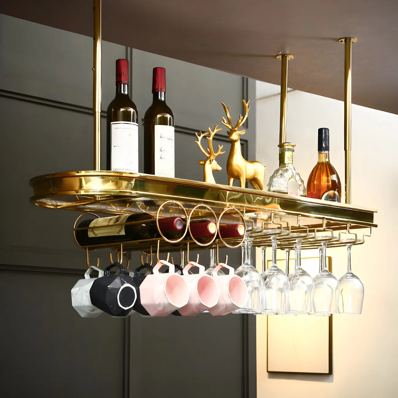 Modern Gold Metal Wine Rack with Glass Holder