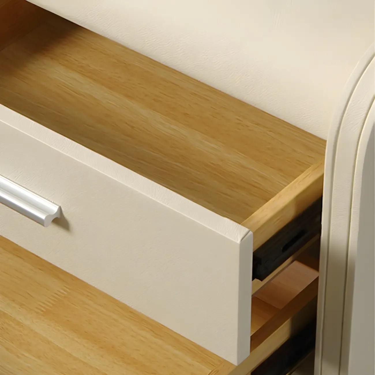 Modern Round Edge Nightstand with 2 Drawers in Beige Leather
