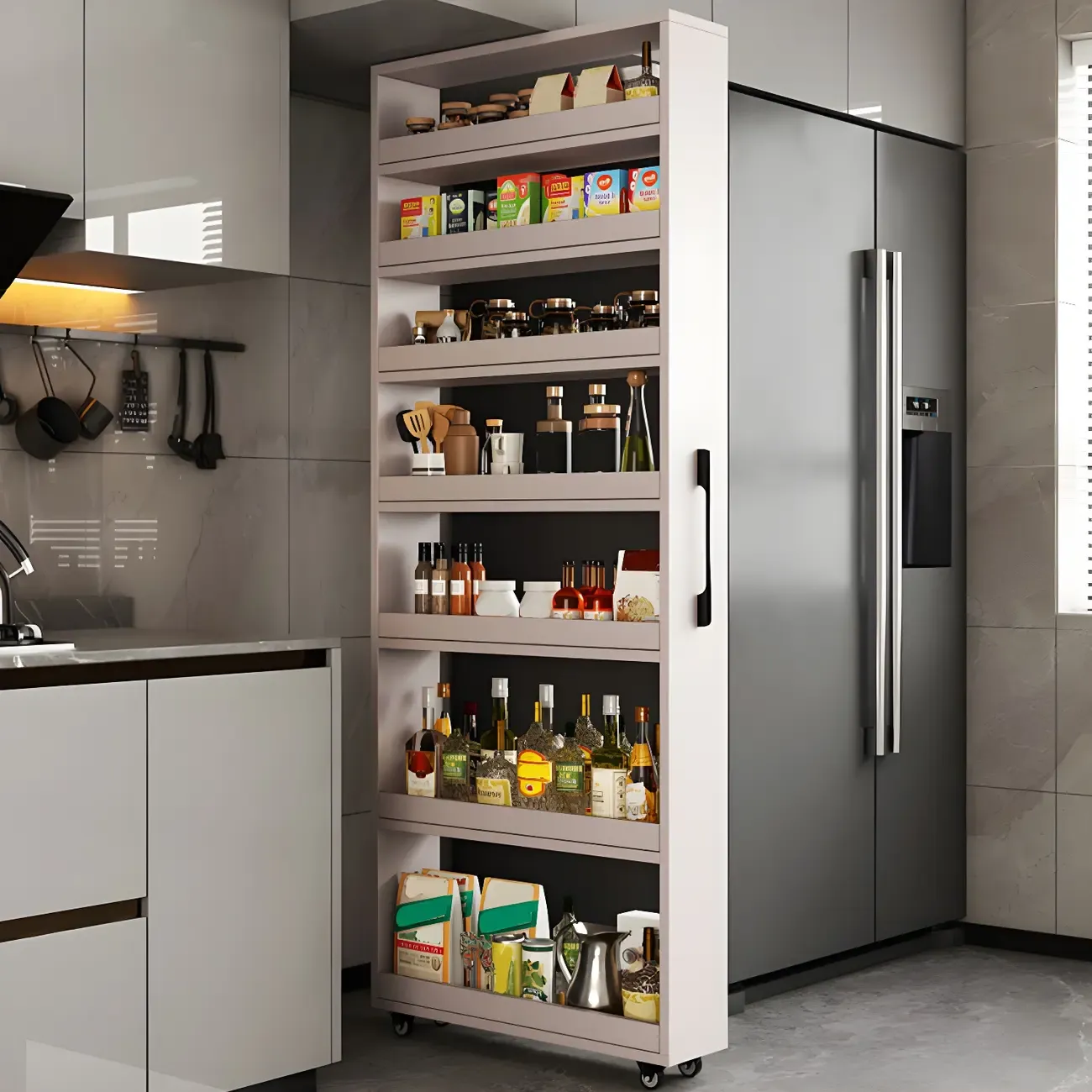 Modern Wooden Buffet Table with Open Shelves and Caster