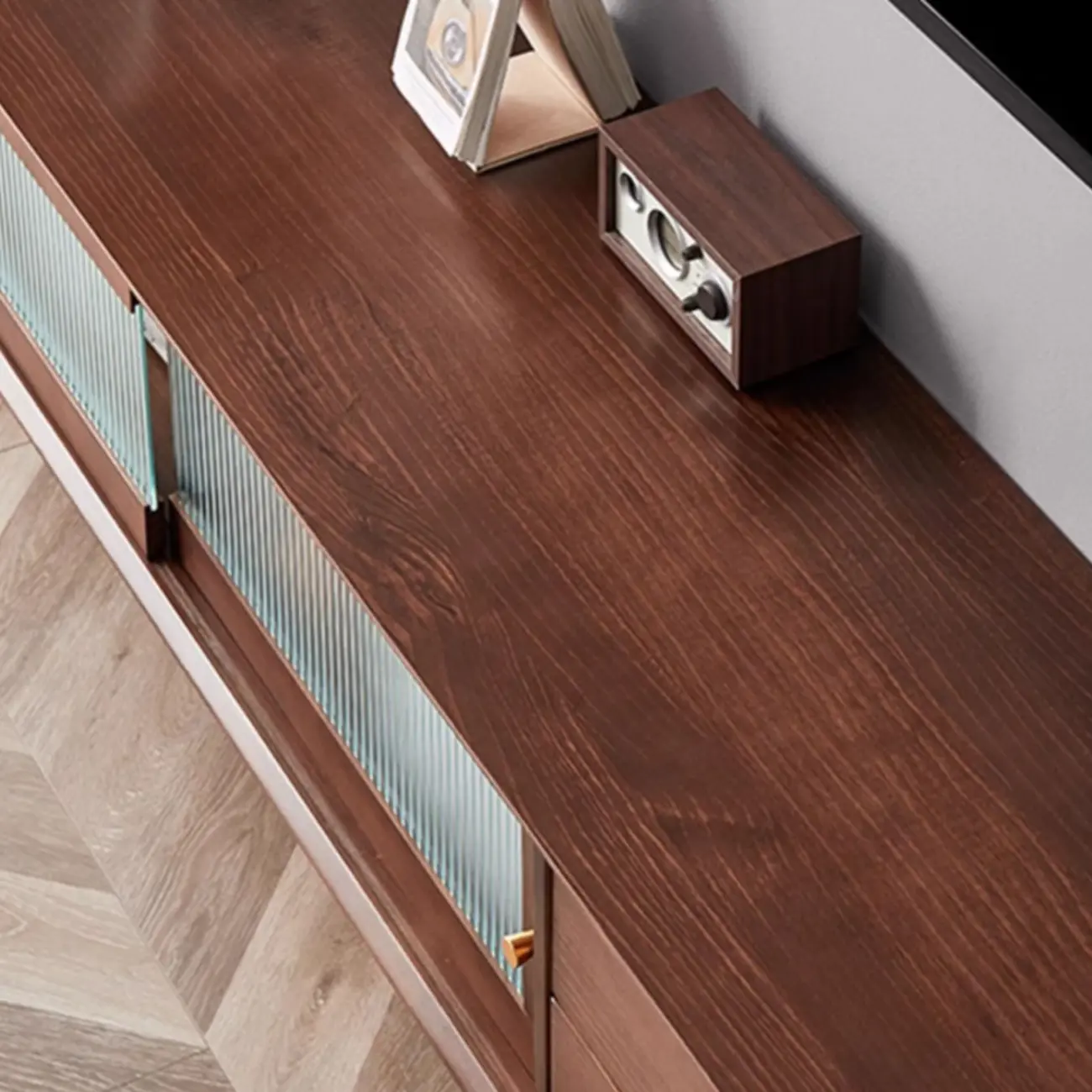 Long Brown 2-Drawer Pine Modern TV Stand with Cabinet