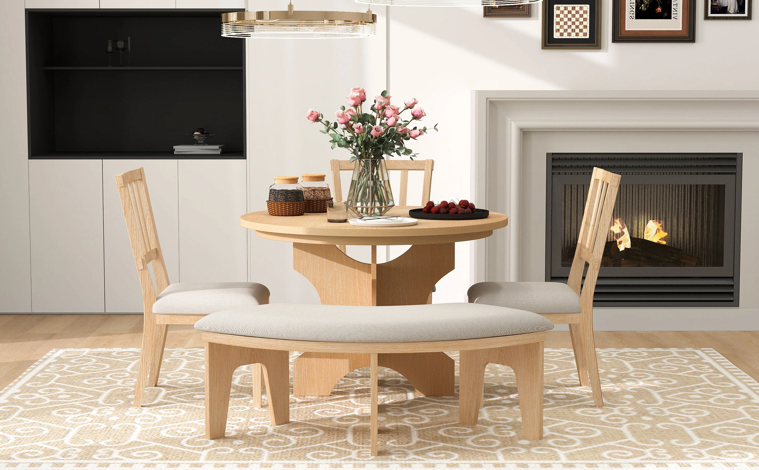 Walker Edison | Charming 5-Piece Rustic Round Dining Set with Chairs and Curved Bench