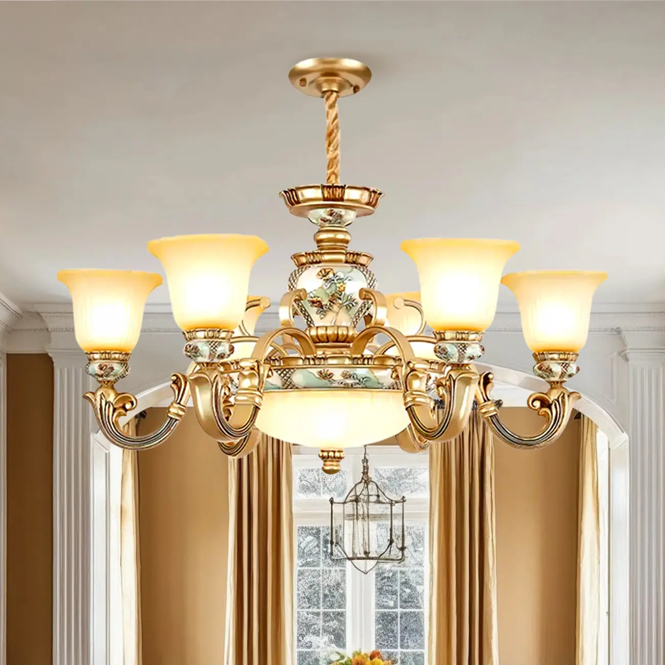 Antique Gold Ceramic Chandelier with Frosted Glass Bell Shape