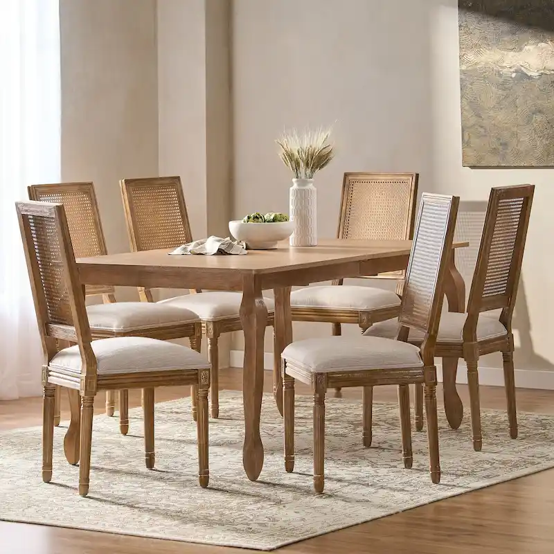 Regan Wood and Cane Upholstered Expandable 7 Piece Dining Set by Christopher Knight Home
