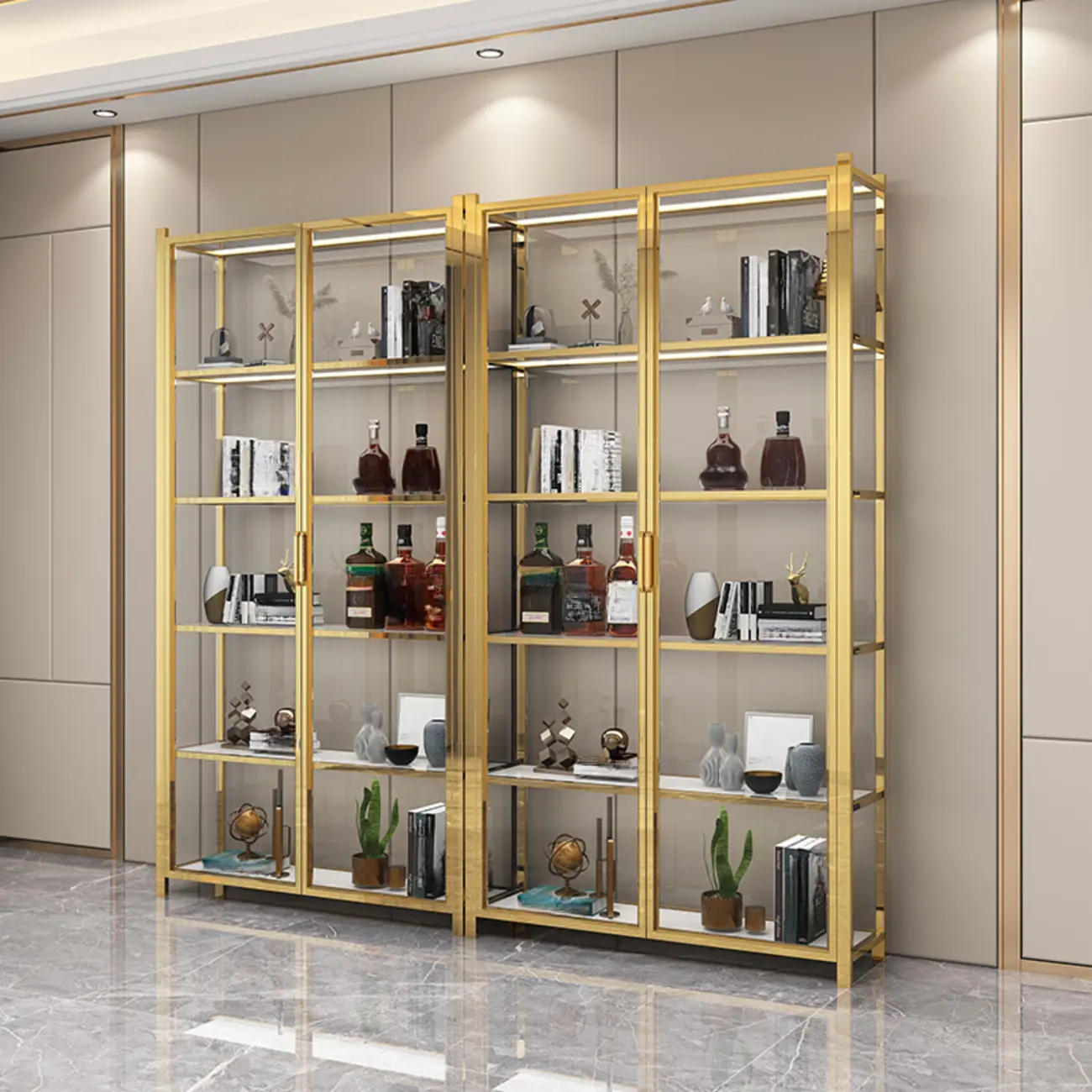 Freestanding Gold Glass Display Cabinet with LED Lights