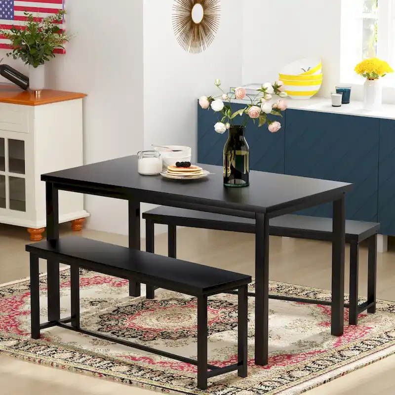 Mieres Vintage Industrial Style 3 Piece Dining Table with 2 Benches Set, Space Saving Kitchen Dining Room Bar Table Set