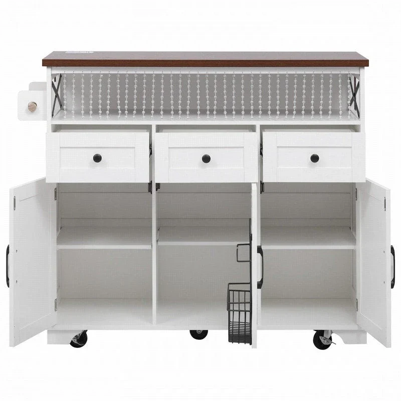 Farmhouse 46.5 Kitchen Island with Power Outlet, Rolling Kitchen Cart on Wheels with Drop Leaf