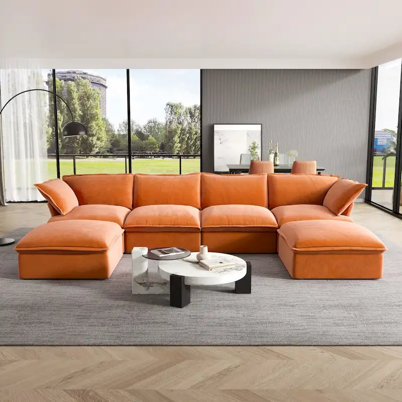 U-shaped Velvet Cloud Sectional Sofa, Down Feather Wide Deep Seat Convertible Couch with 2 Storage Ottomans.