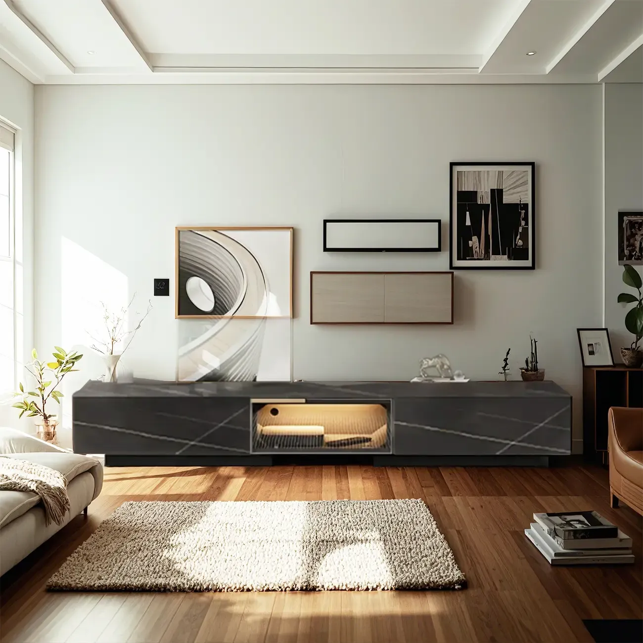 Black Modern Stone Rectangle Drawers TV Stand with LED Lights