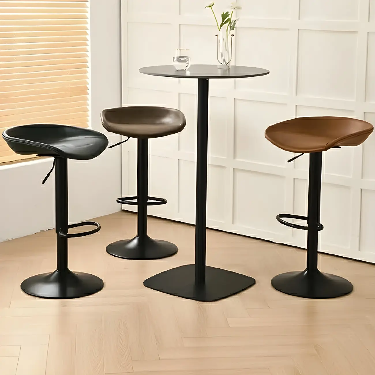 Modern Leather Black Pedestal Swivel Adjustable Bar Stool