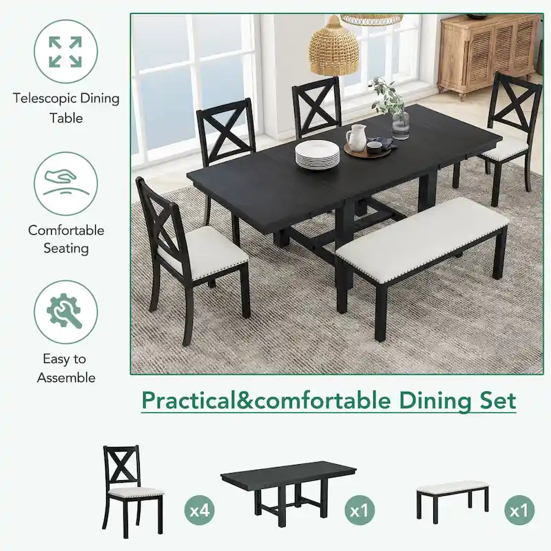 6-Piece Dining Table with Footrest, 4 Chairs and Dining Bench, Two 11 Removable Leaf