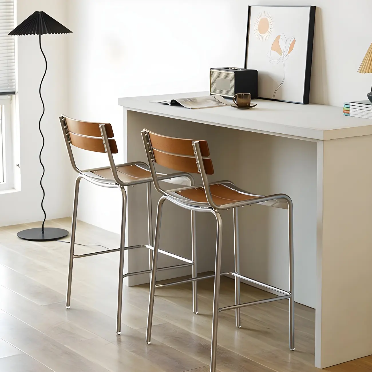 Modern Metal Frame Sleek Wood Back Stackable Bar Stool