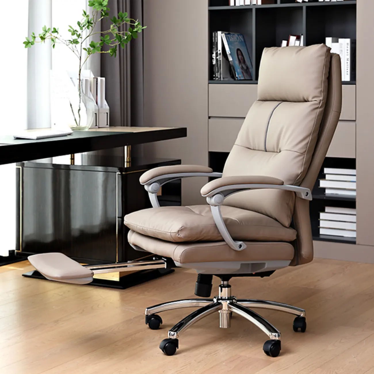 Upholstered Brown Leather Adjustable Swivel Office Chair