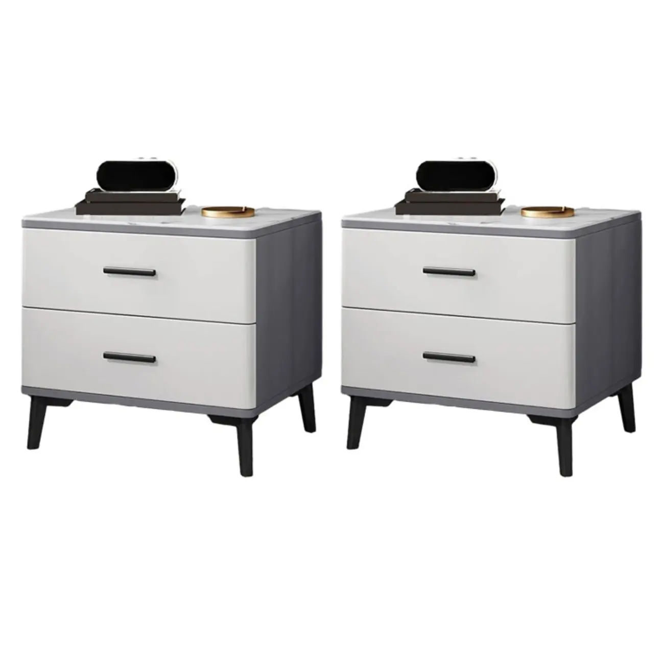 Modern White Stone Top Oak 2-Drawer Nightstand