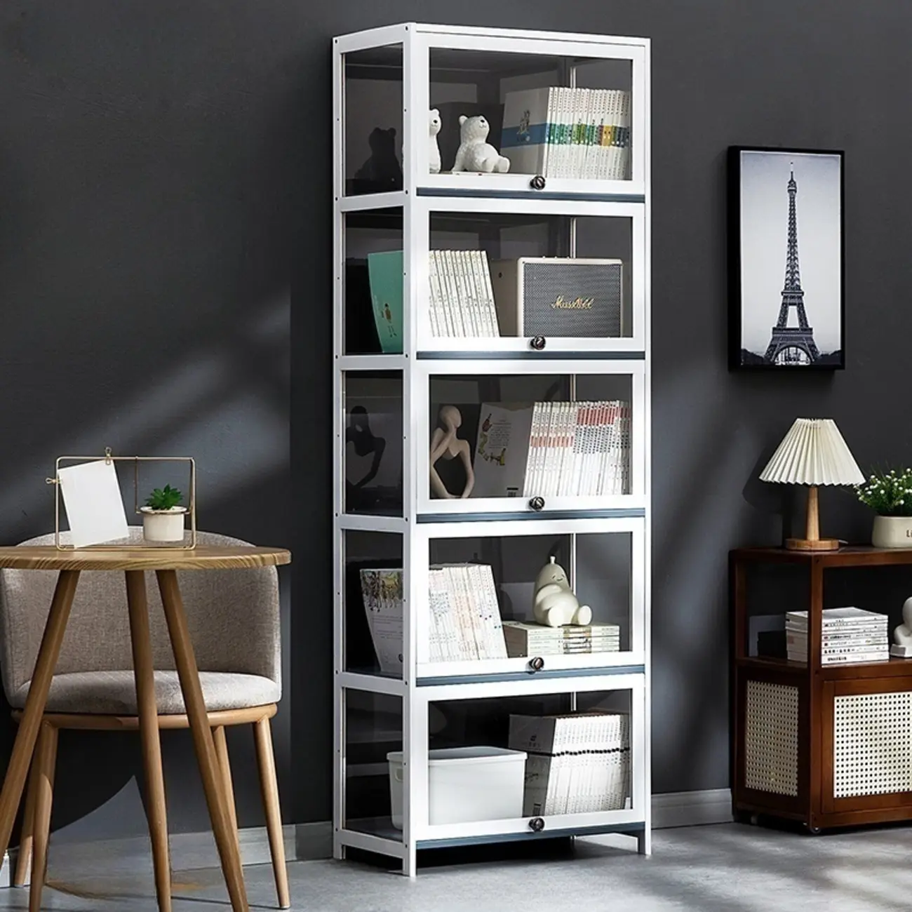 Modern White Bamboo Flip-Up Glass Display Cabinet