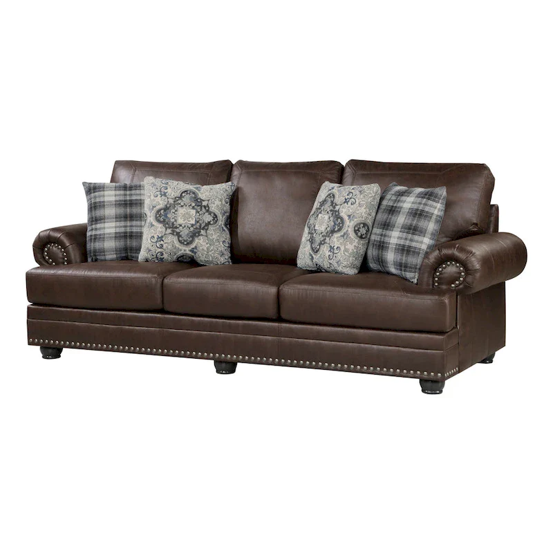 Jade 98 Inch Sofa, Rich Brown Microfiber, 4 Pillows, Soft Cushions, Wood