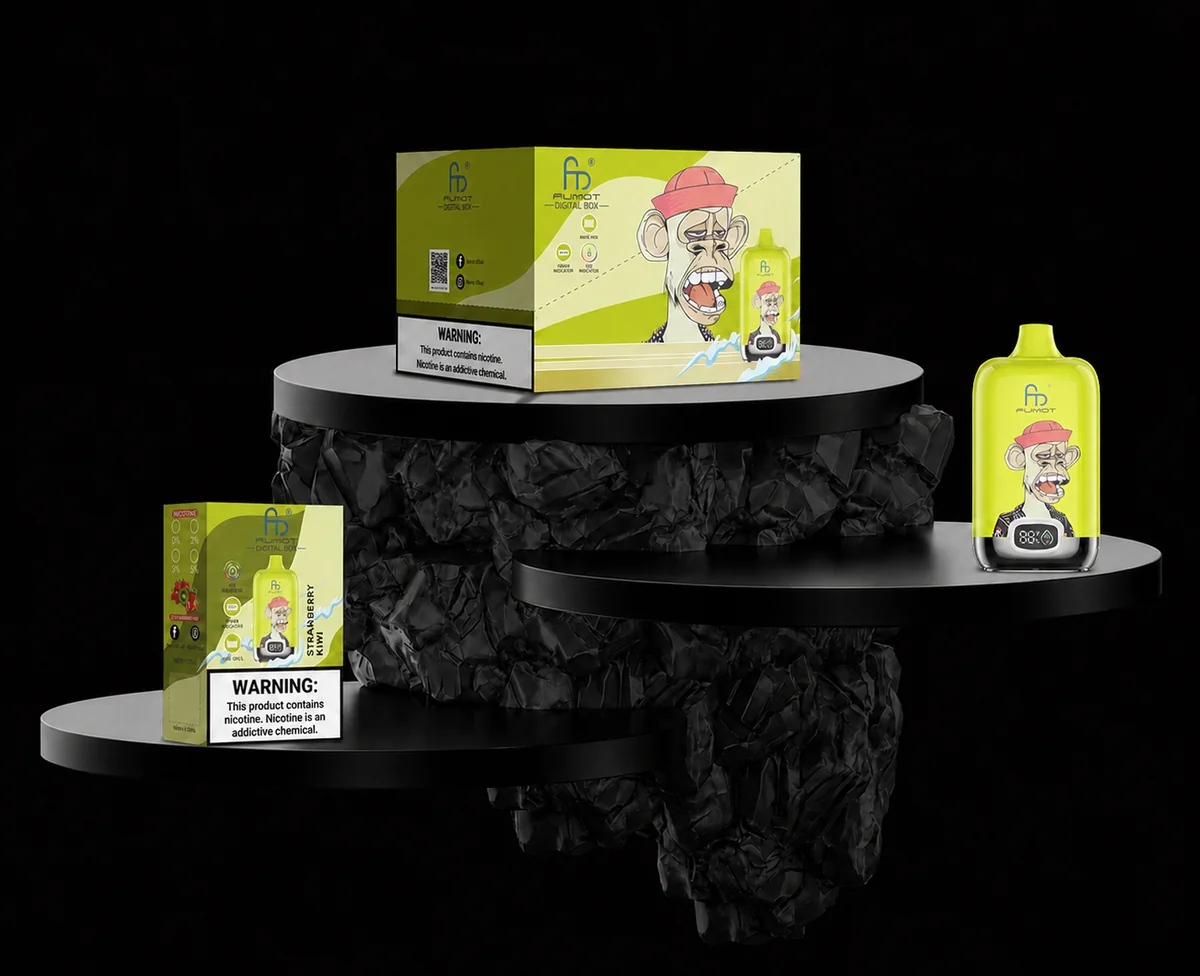 Fumot Digital Box 12000 Strawberry Kiwi Einzelgerät, Retail-Box und Display-Box mit Erdbeer-Kiwi-Motiven