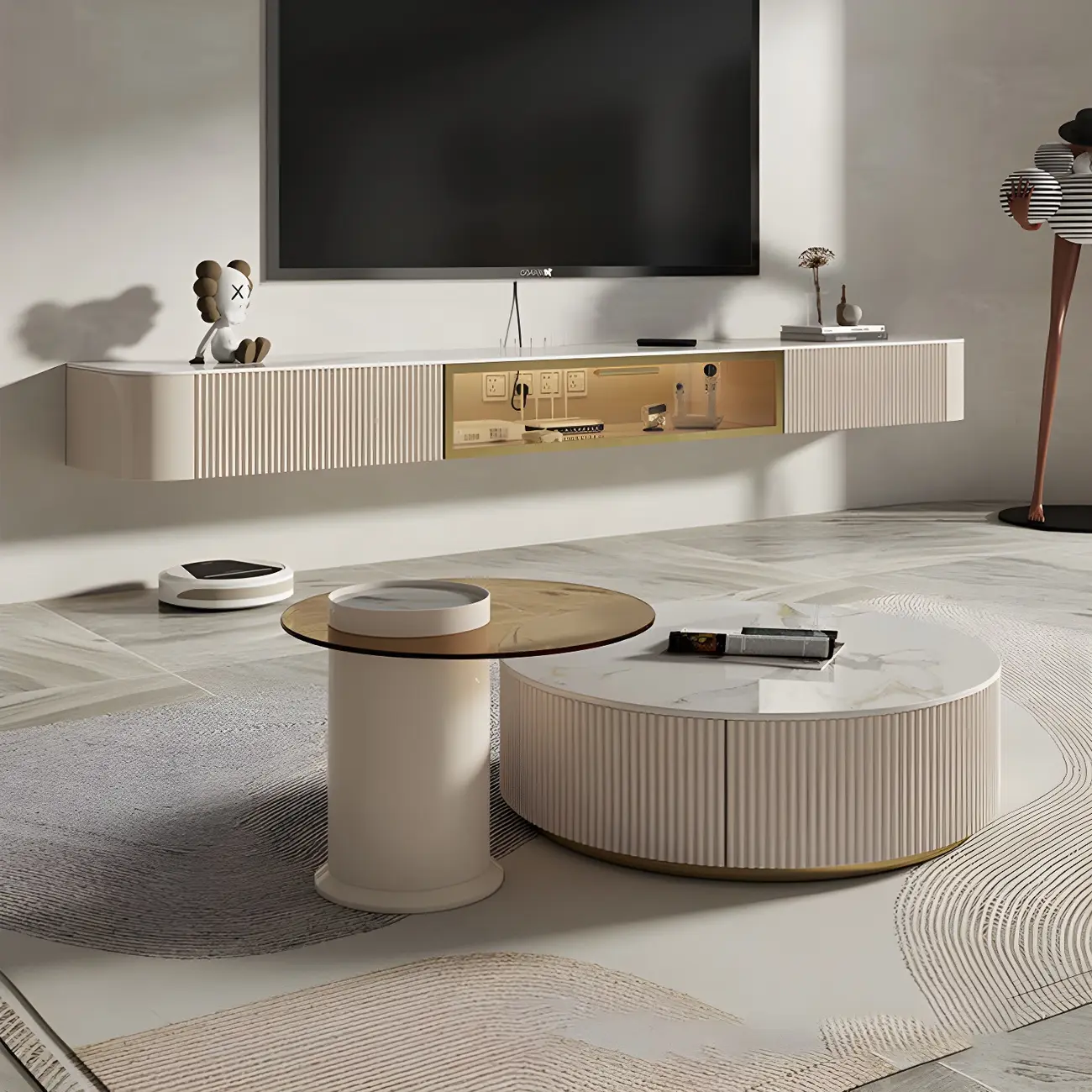 71 Beige Stone Floating TV Stand with Cable Management