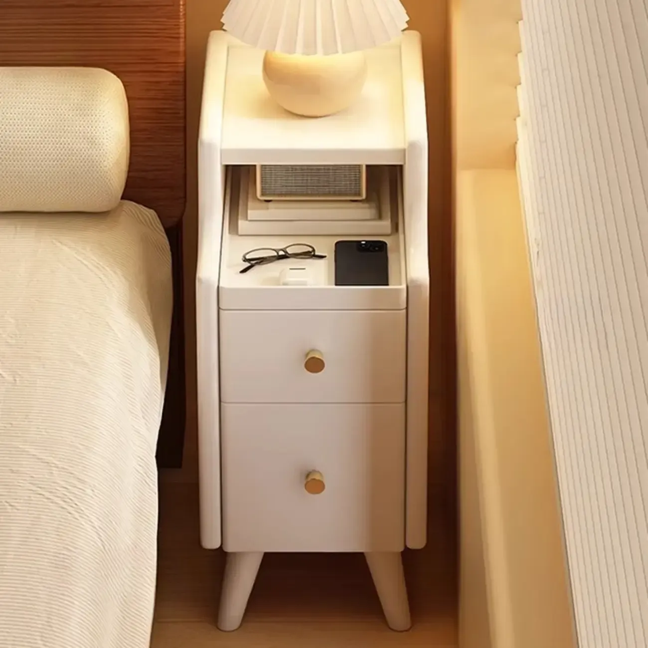 White Wood Narrow Nightstands with Drawers