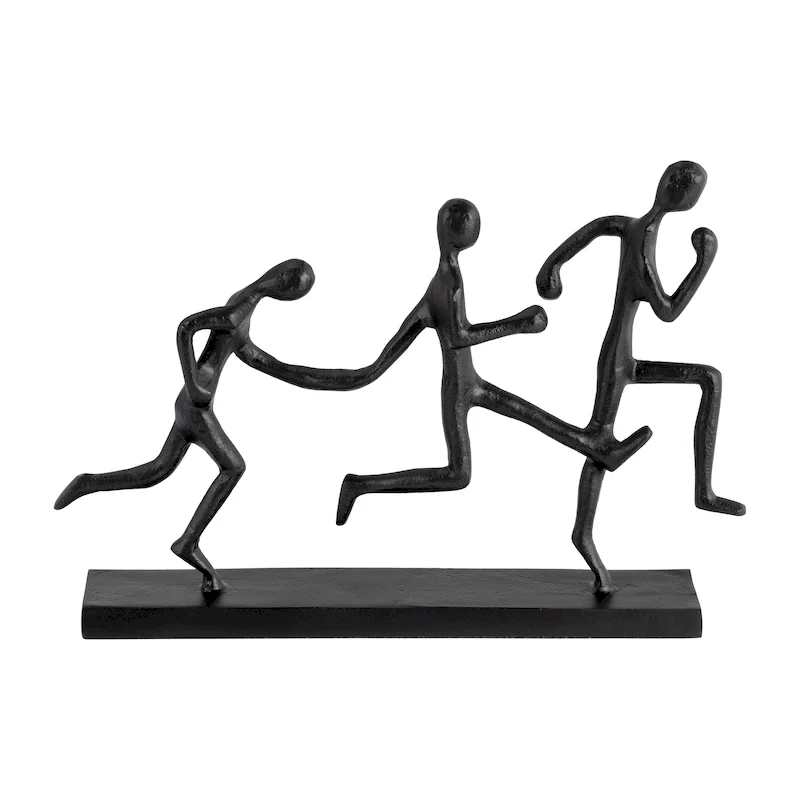13 Lx3 Wx9 H, Metal Three-man Running Sculpture, Black Finish, Wood Base, Decorative Sculpture for Table Decor or Shelf