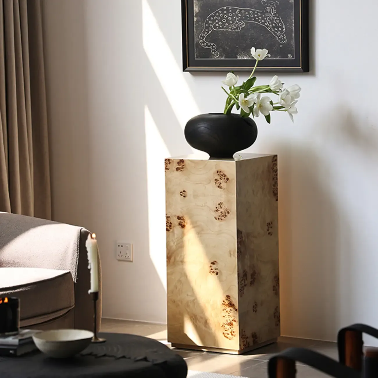 Light Wood Cylinder Sofa Side Table with Block Base