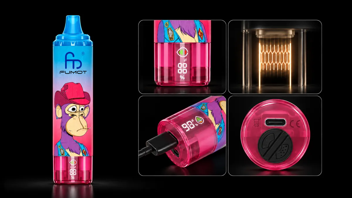 FUMOT Tornado 15000 Mixed Berry – Detailansichten von Display, Heizsystem, USB-C-Anschluss und Luftregulierung
