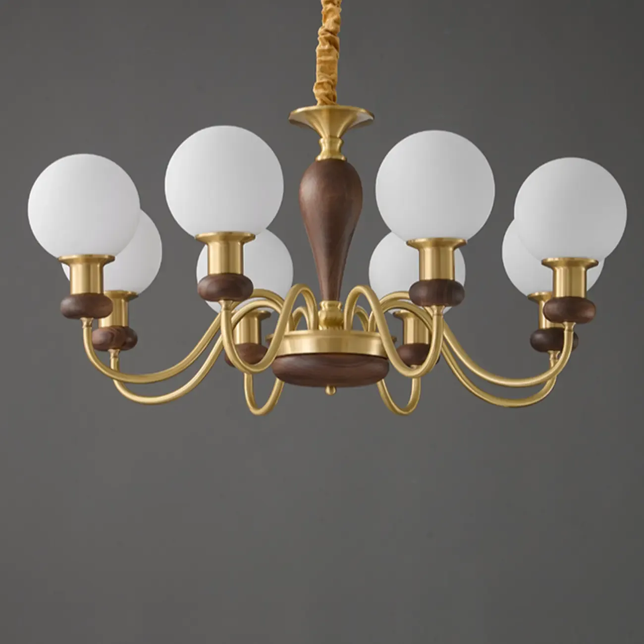 Mid-Century Brass Wood Chandelier with Globe Glass Shade