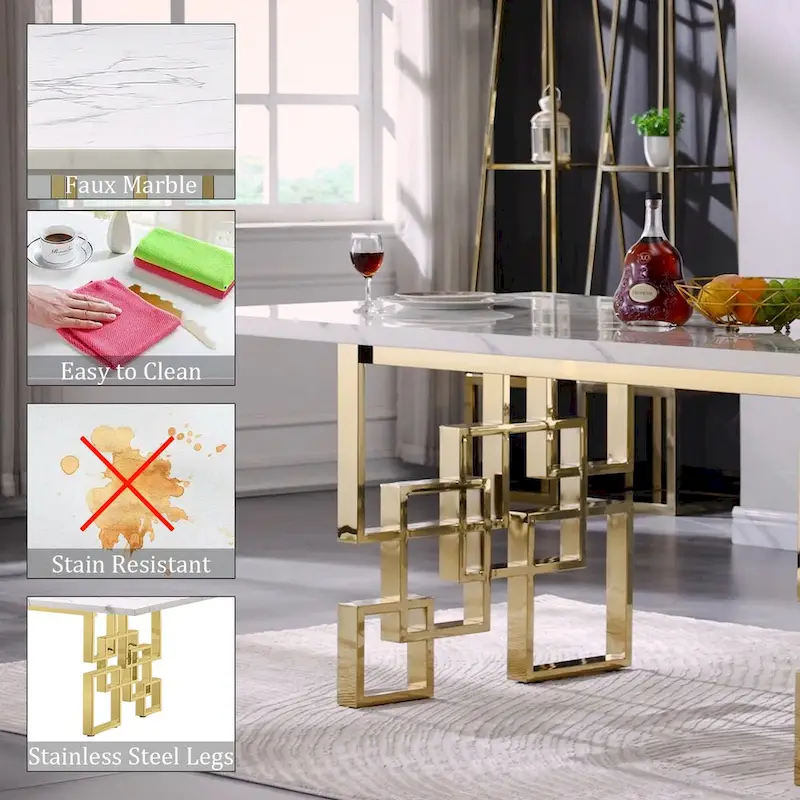 Luxury White Faux Marble Dining Table with 78 inch Top and Metal Base