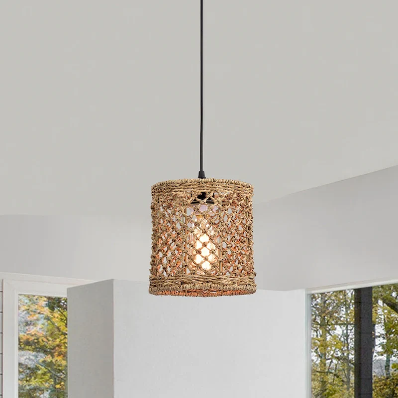 Shaun Dark Yellow 1-Light Rattan Drum Basket Pendant Light