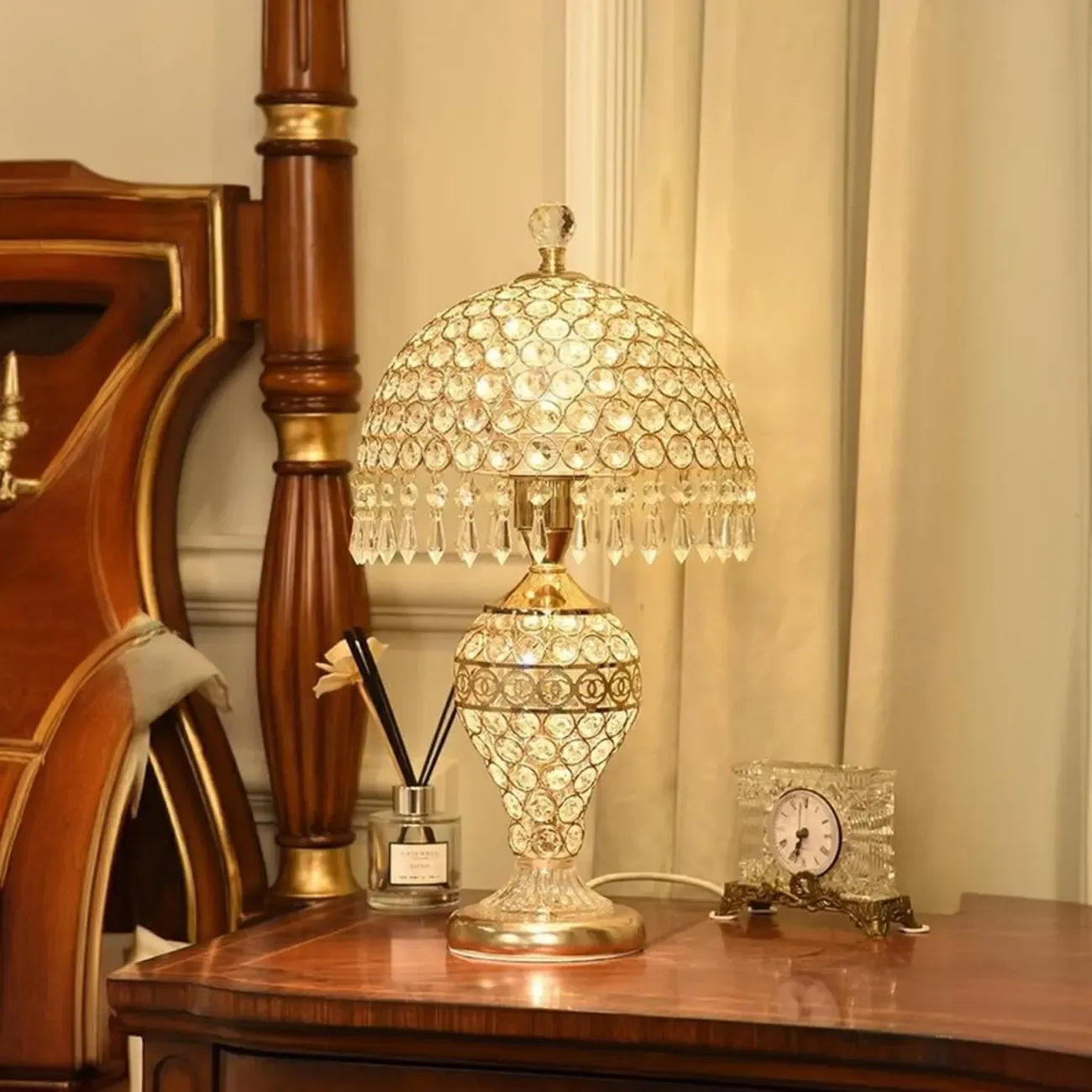 Traditional Luxurious Empire Gold Crystal Bedside Lamps