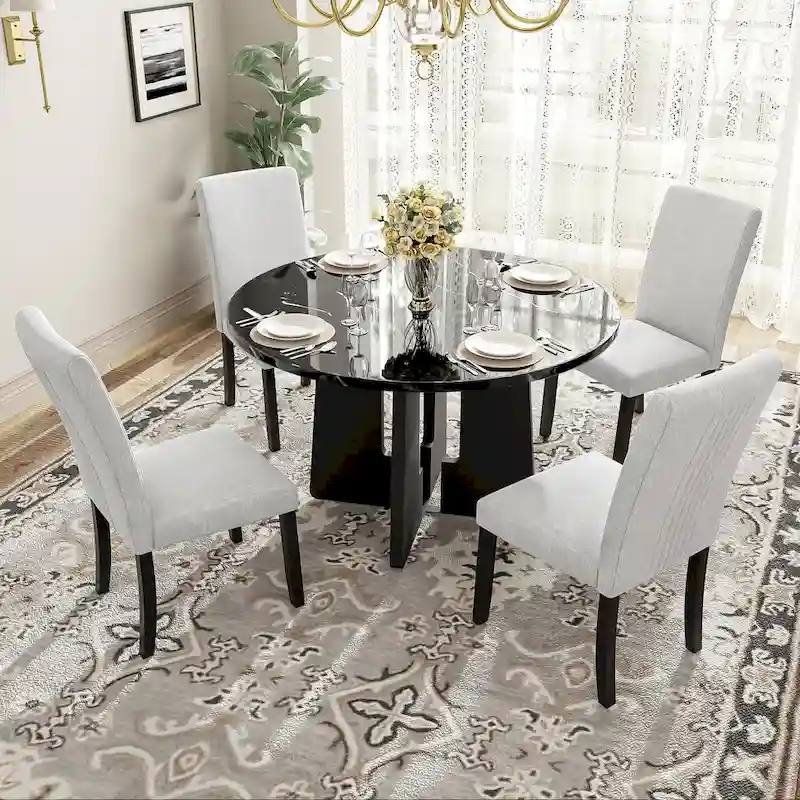 5 Pcs Wood Kitchen Table and Chair Set, 4 People Round Dining Table Set with Faux Marble Top and 4 Upholstered Chairs