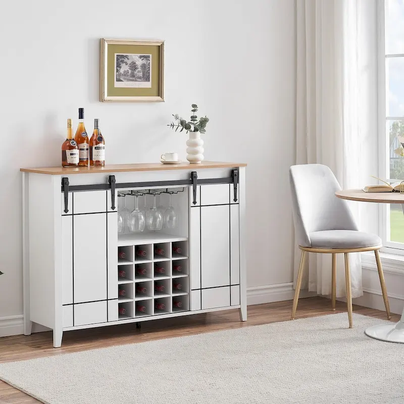 Farmhouse 47 Wine Bar Cabinet Buffet Sideboard Cabinet with 16 Bottle Wine Rack - 15.7D x 47.2W x 34.61H