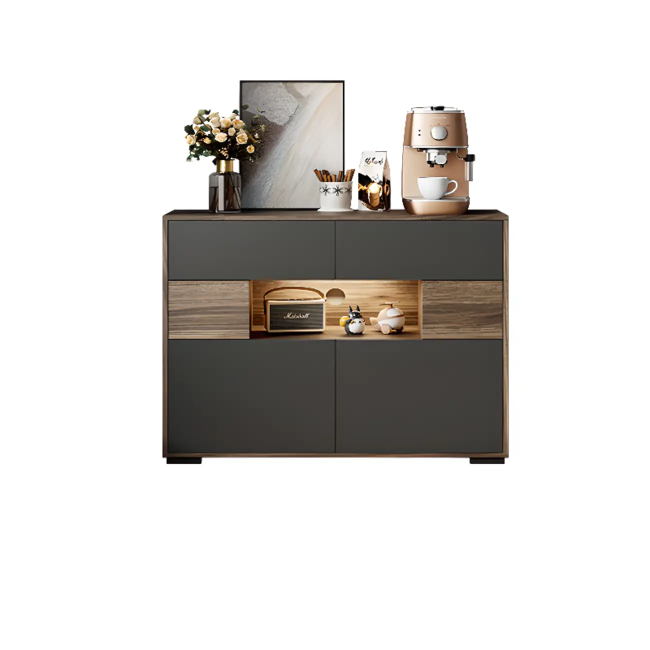 63 Black Wood Cabinet TV Stand with Open Shelving and Lights