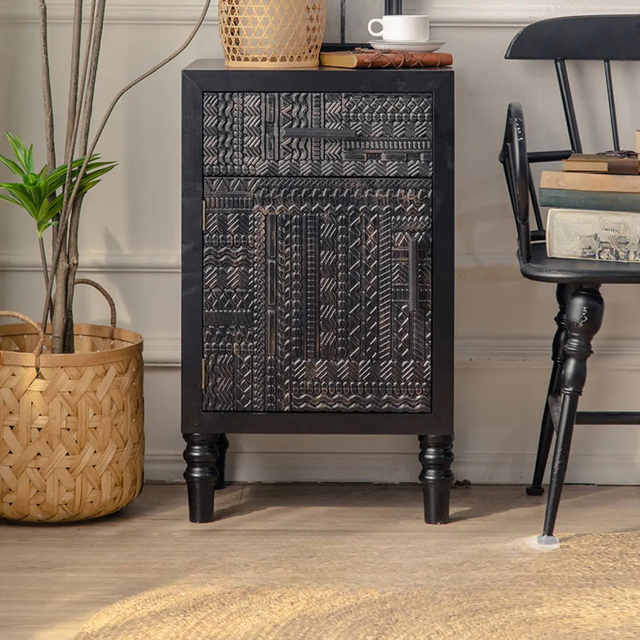 Modern Black Wooden Parlor Intricate Carved Cabinet