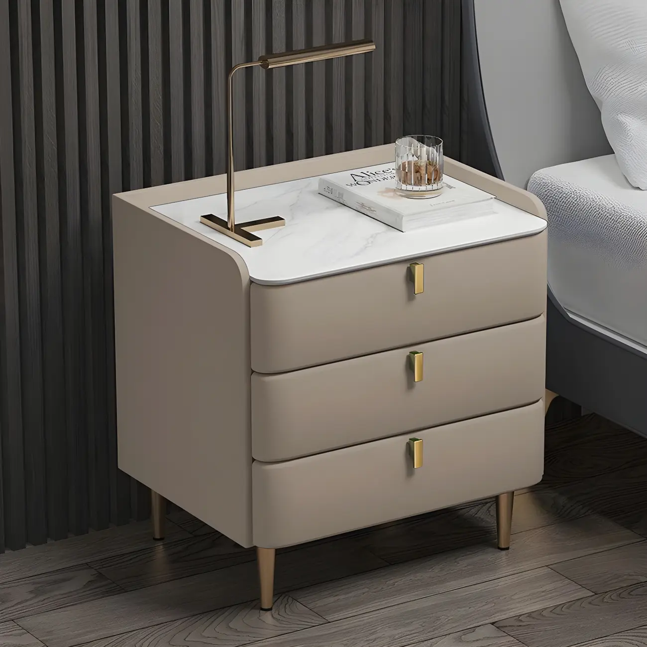 Glam Leather Sintered Stone Top Nightstand with Drawers