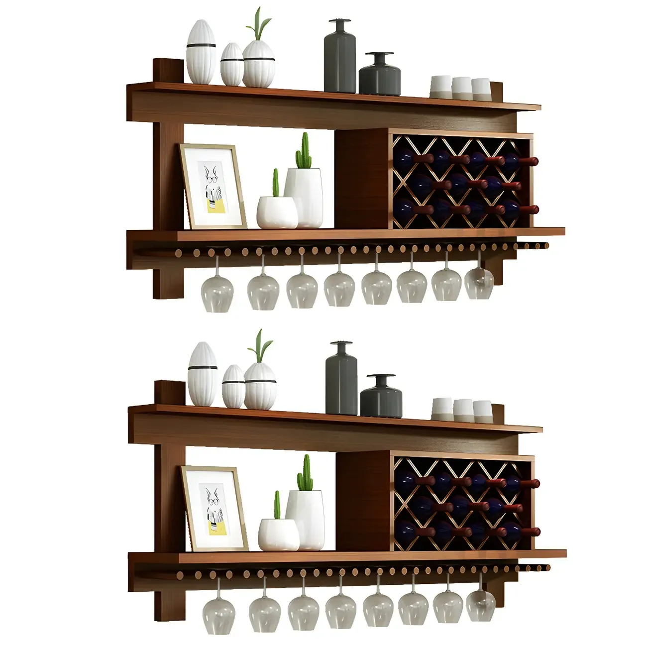 Pine Wooden Wall-Mounted Display Open Wine Bottle & Glass Rack