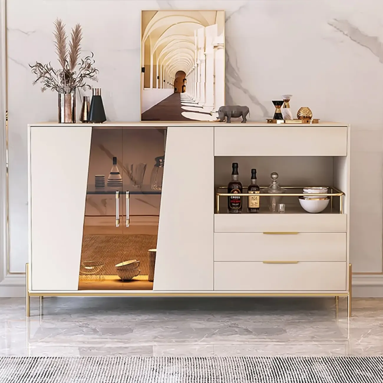 Modish Black Wooden Lighted Open Shelving Buffet Cabinet