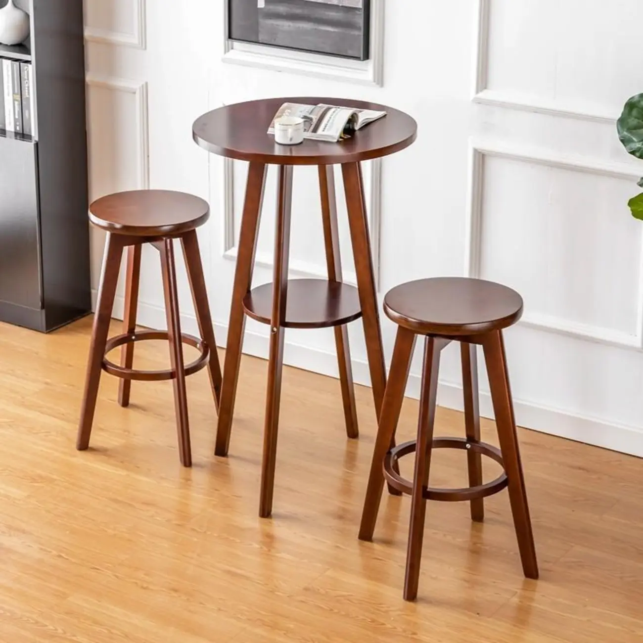 Scandinavian Rubberwood Round Bar Tables with Shelf