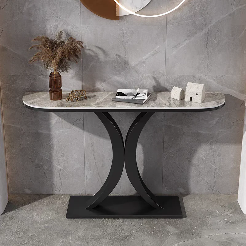 White Half-Circle Stone Rose Gold Entryway Console Table